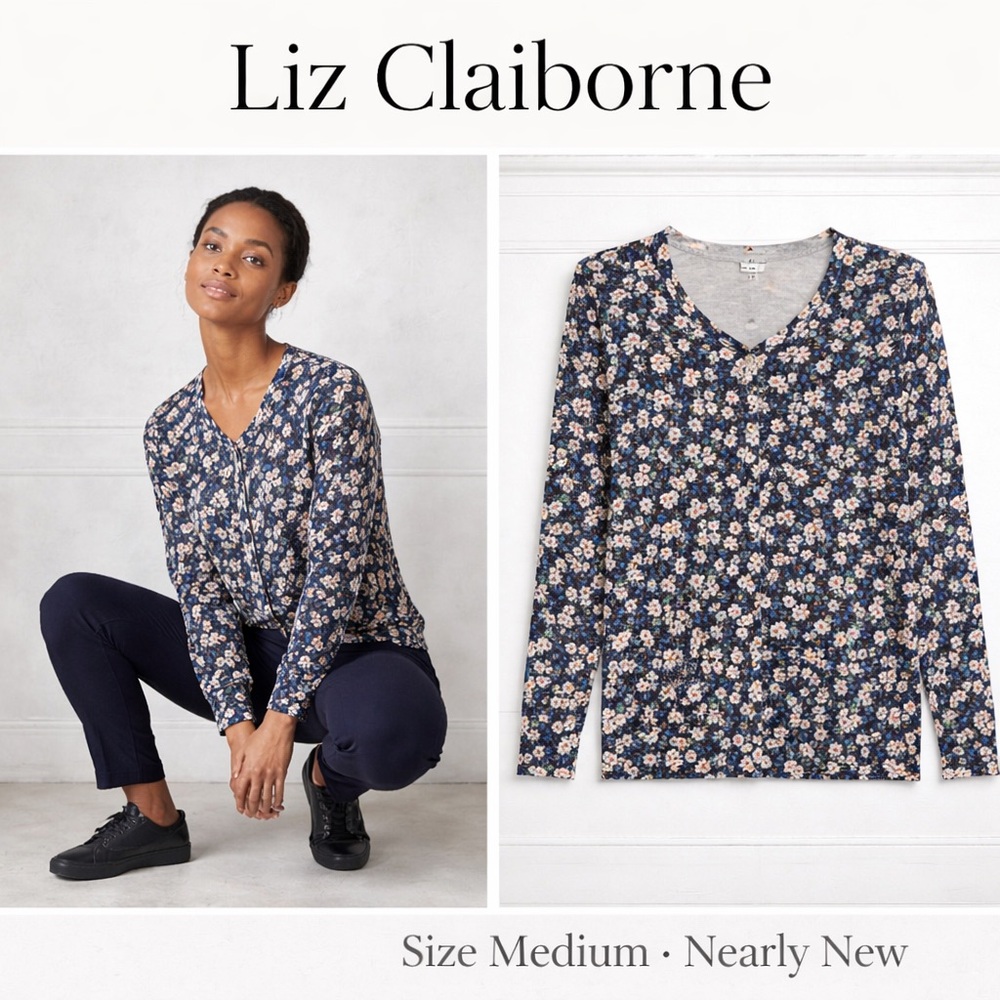 Liz Claiborne Floral Cardigan Sweater Medium Blue White Button Front Sweater